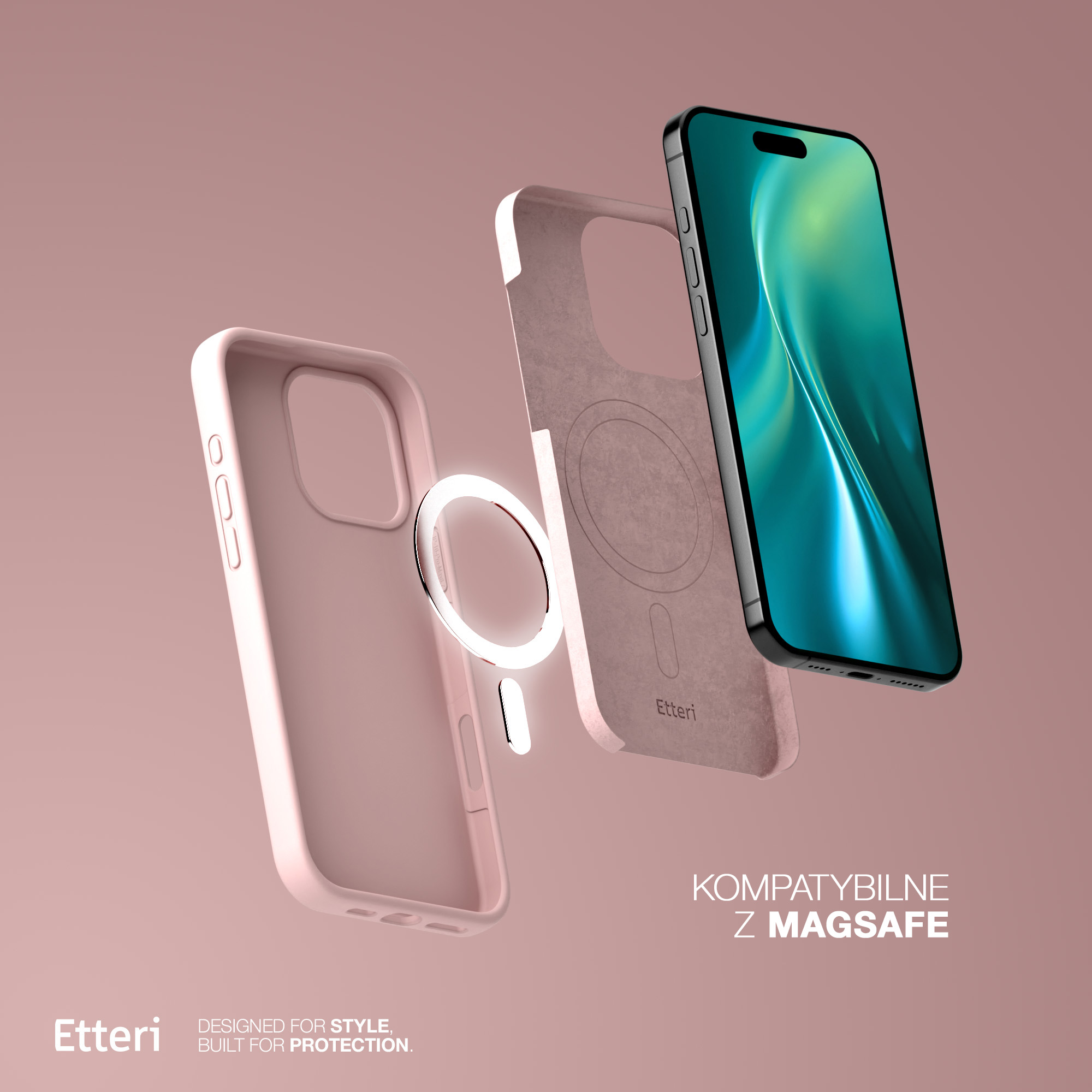 Sono mostrate parti di custodia rosa e un telefono su sfondo rosa. Il telefono ha uno schermo verde.