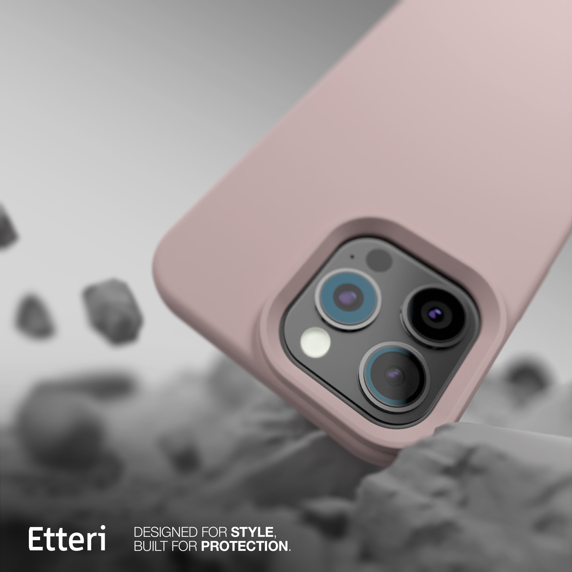 Una custodia rosa per telefono con un rigonfiamento per la fotocamera. La custodia ha una finitura opaca.