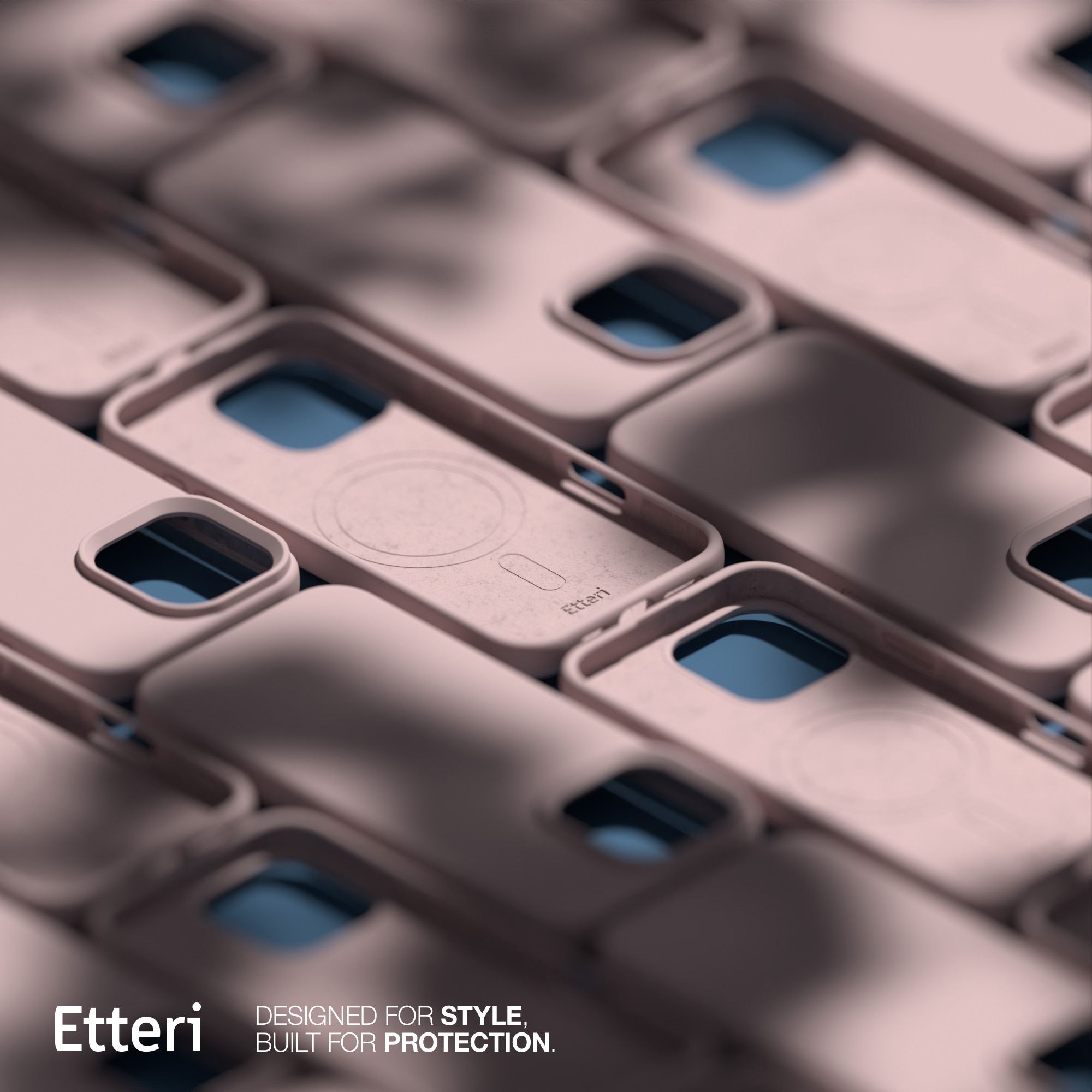 Custodie rosa per telefoni disposte a griglia. Una custodia aperta mostra logo bianco e cerchio magnetico.