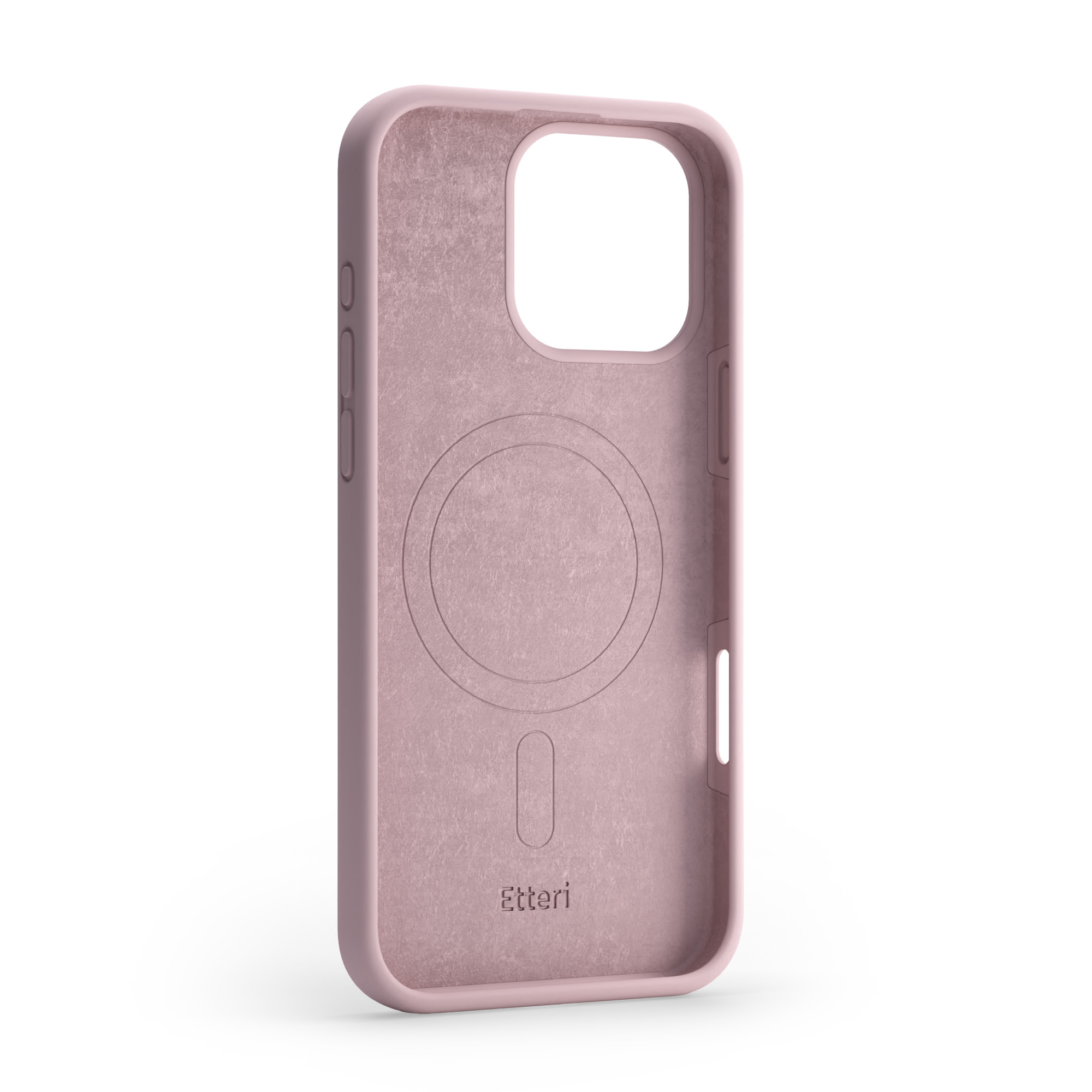 Una custodia per telefono rosa con un'indentazione circolare su sfondo bianco.