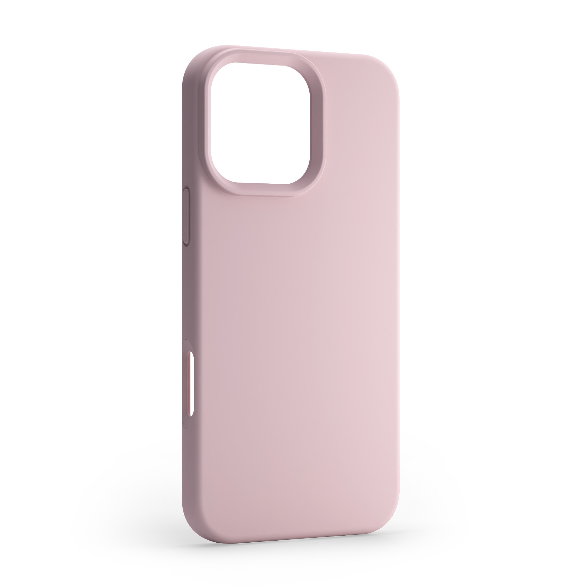Una custodia per telefono rosa con foro per fotocamera aperto e pulsanti laterali, su sfondo bianco.