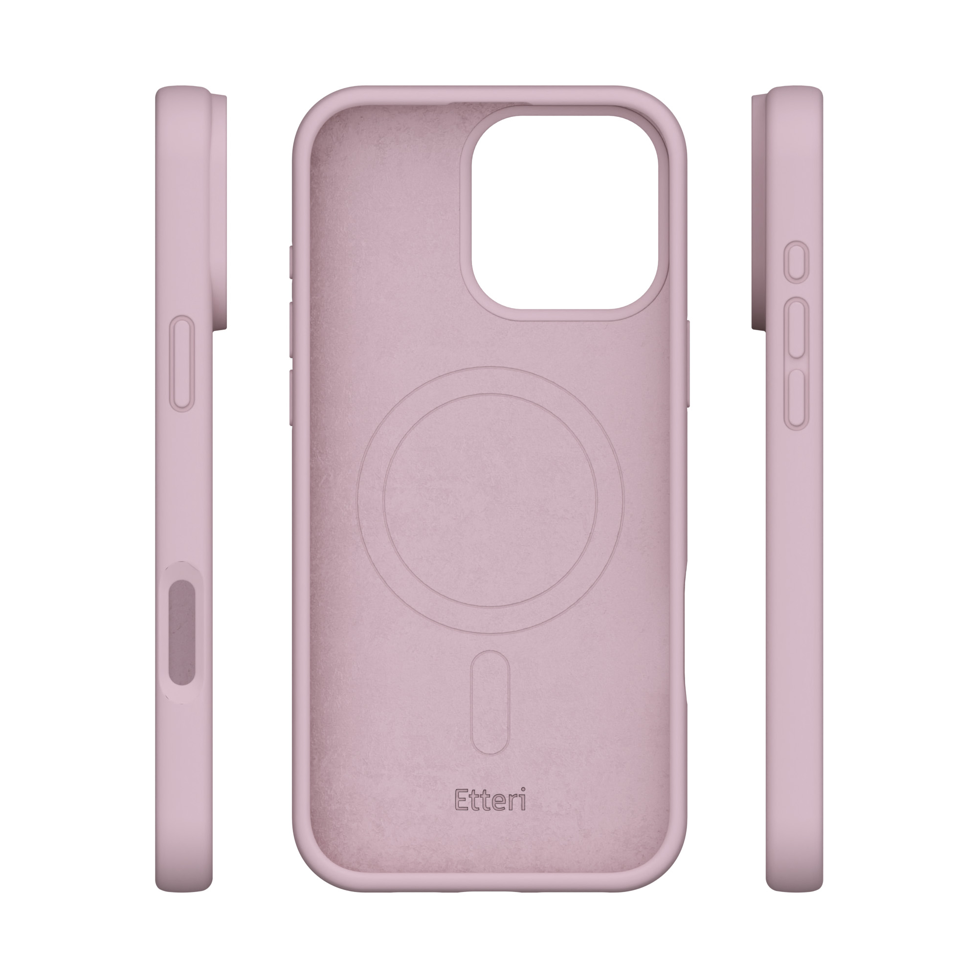 Custodia per telefono rosa: Tre viste. Vista laterale, frontale e laterale con pulsanti. Logo Etteri sul retro.