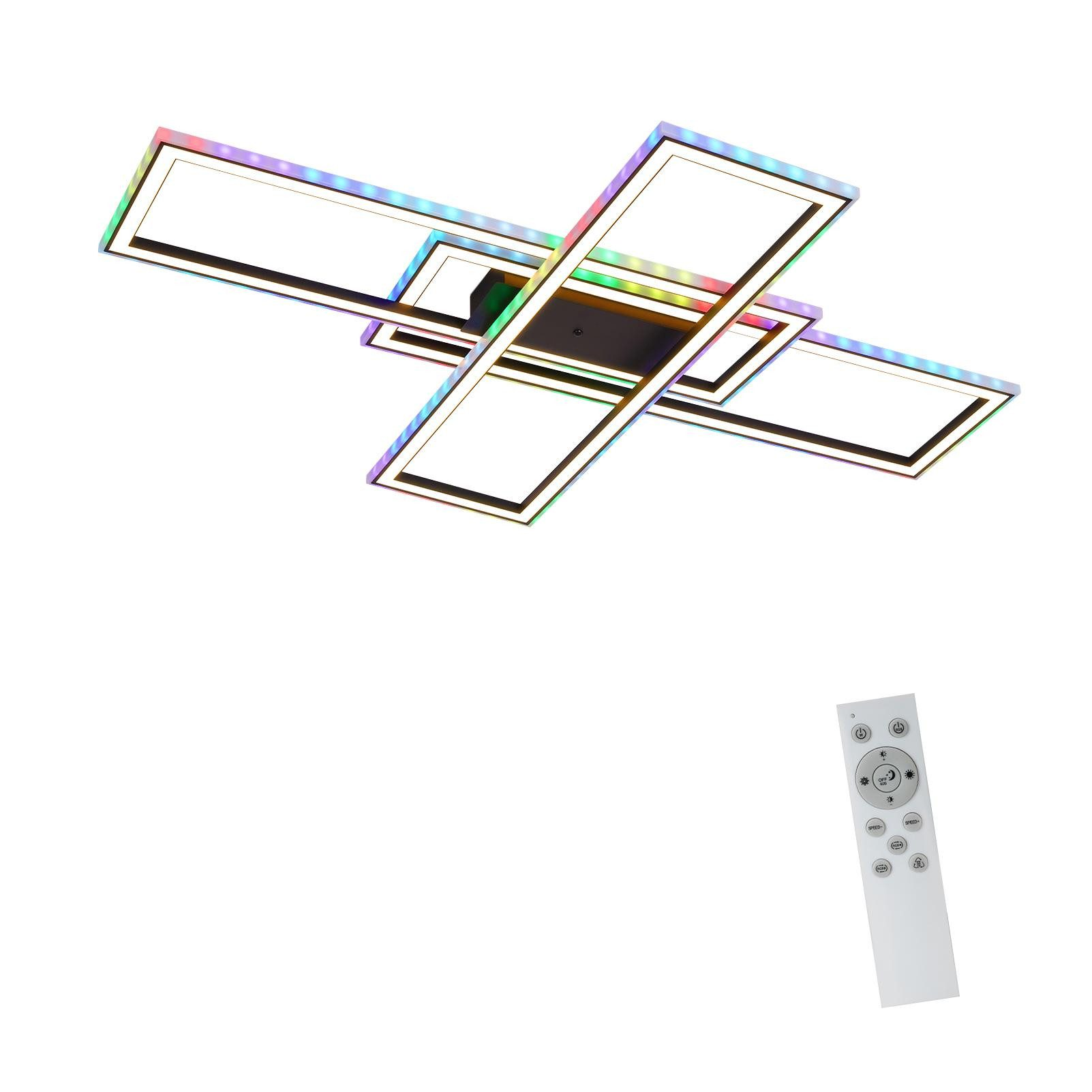 Lampa sufitowa z czterema prostokątnymi panelami świetlnymi i pilotem.