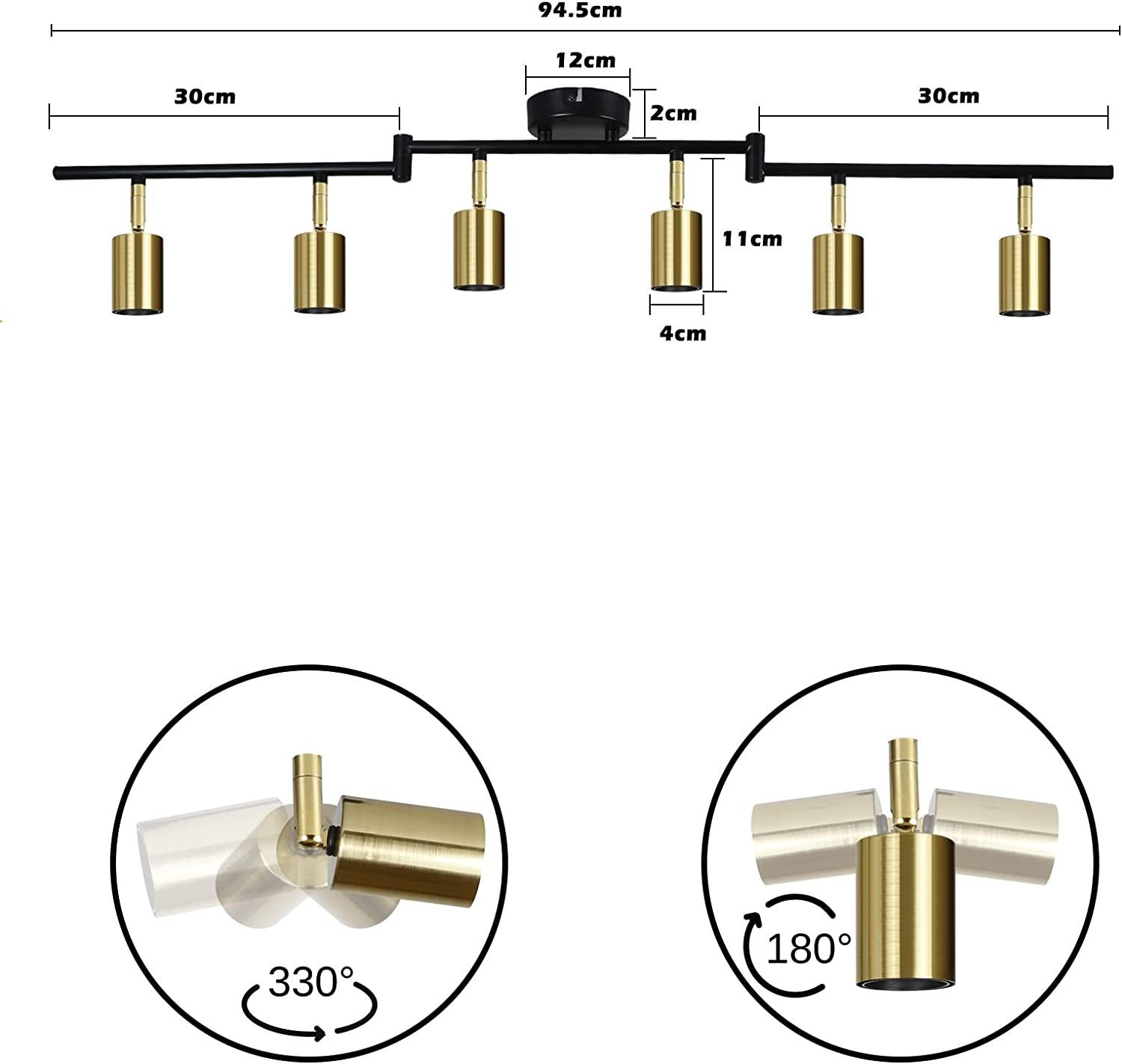 Czarna oprawa oświetleniowa z szynami z sześcioma regulowanymi światłami, pokazująca wymiary i regulację.