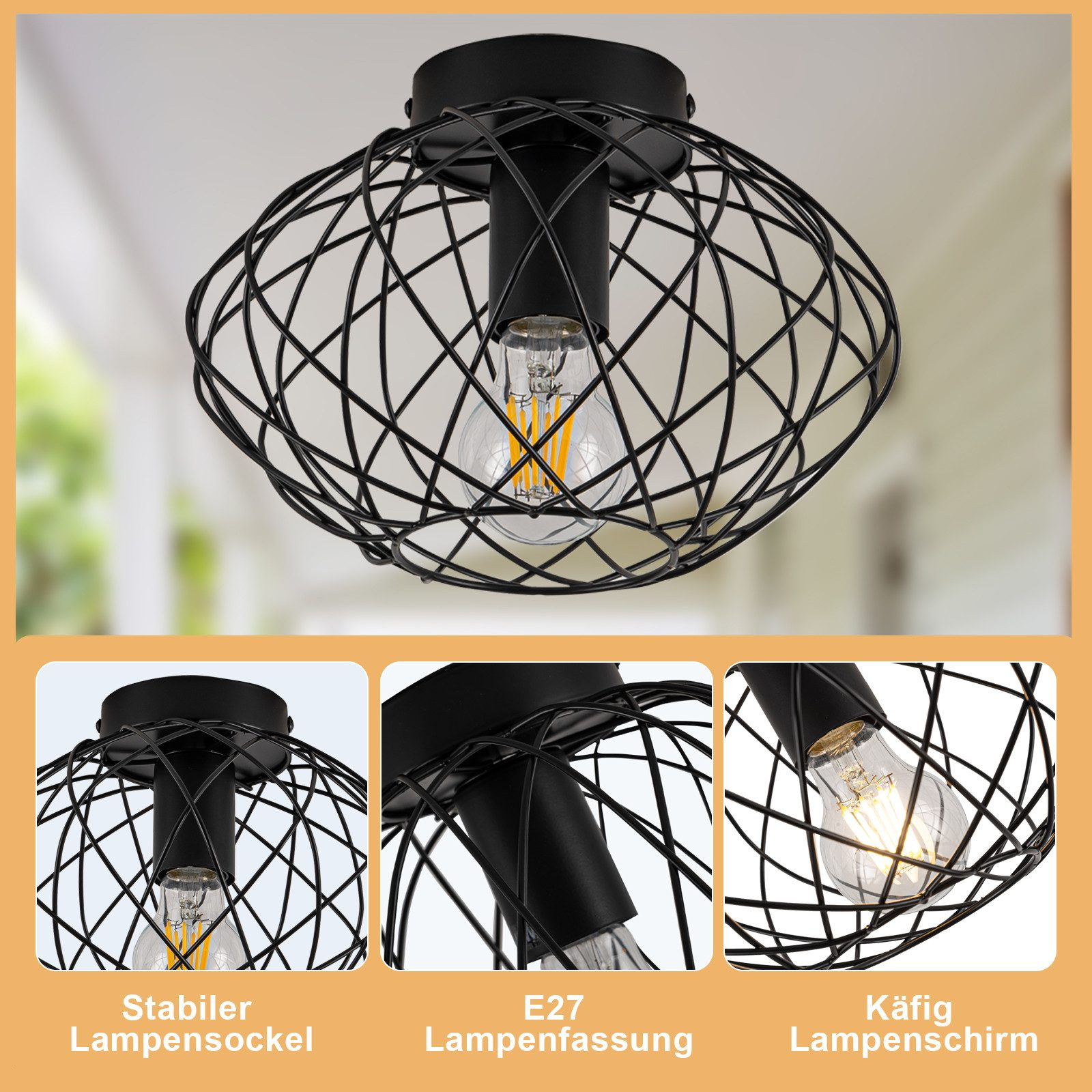 Luz de techo de jaula de metal negro con bombilla. Tres imágenes adicionales muestran detalles. Fondo blanco.