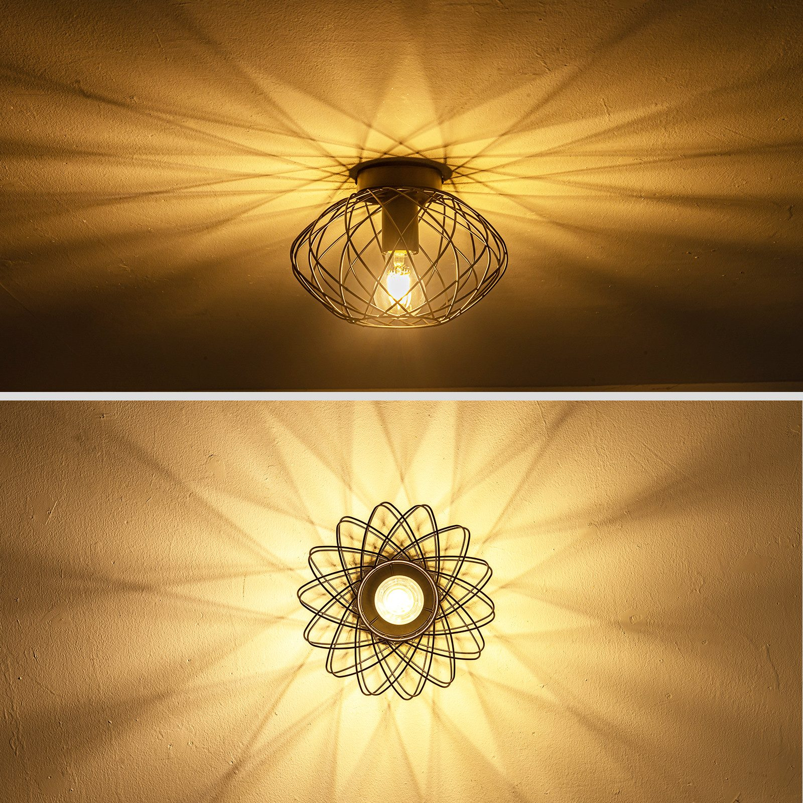 Dos luces de techo con diseño de estructura de alambre negro y una bombilla.