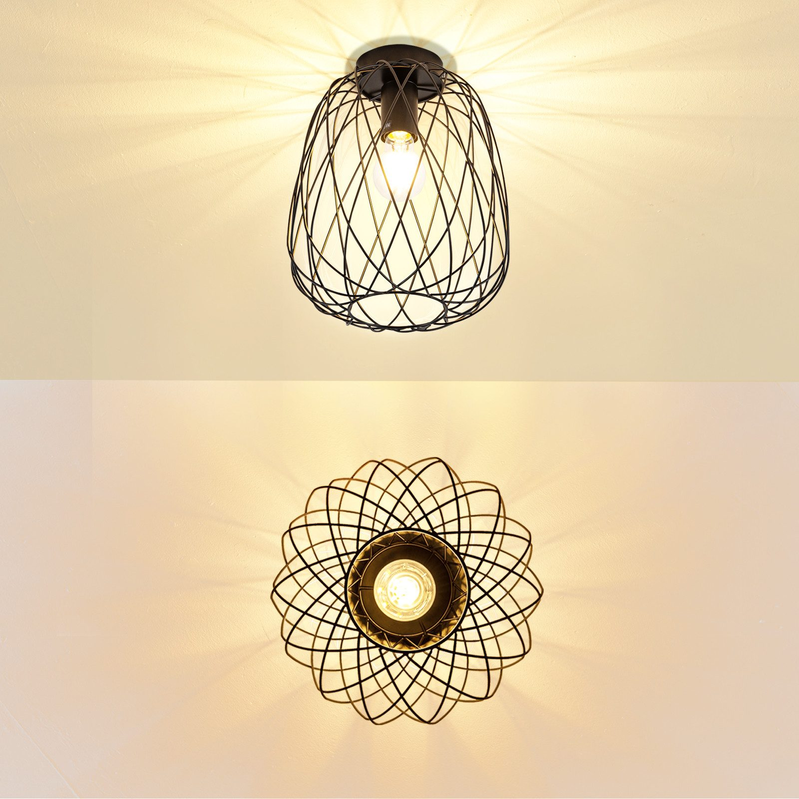 Due plafoniere, una con un design a gabbia e l'altra con un motivo floreale.