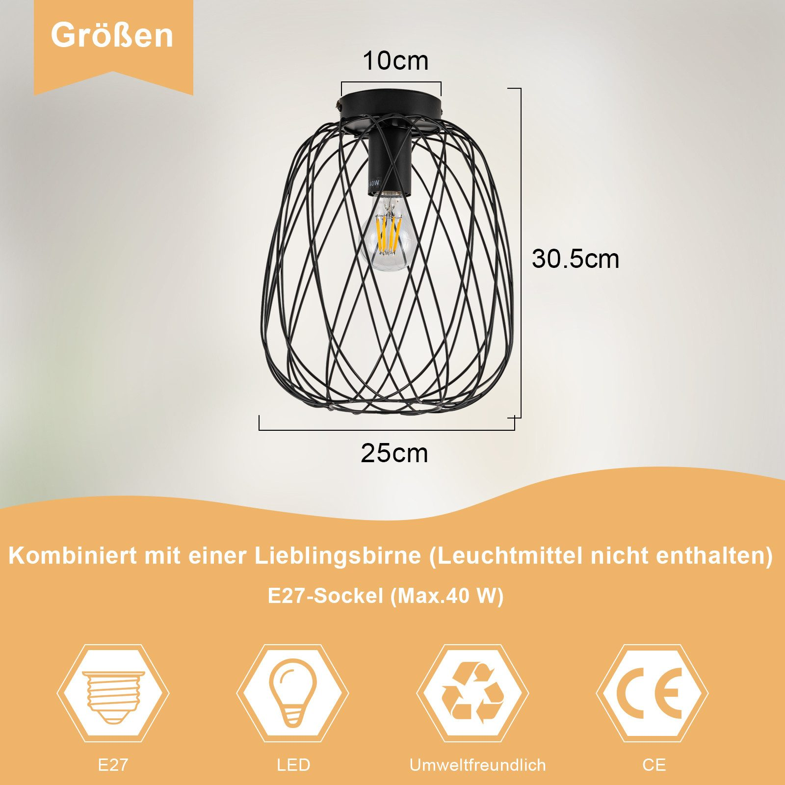 Una lampada a sospensione a filo nero con una lampadina visibile, con dimensioni.