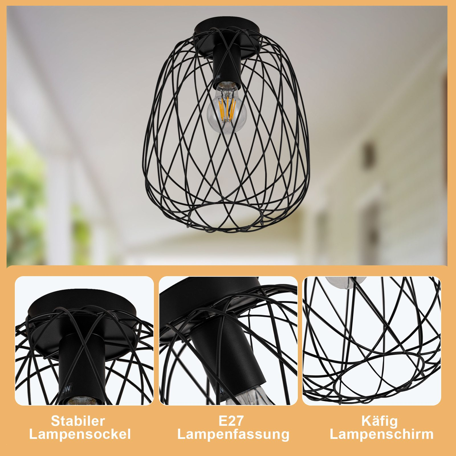 Lampada a gabbia in metallo nero con tre primi piani della base.