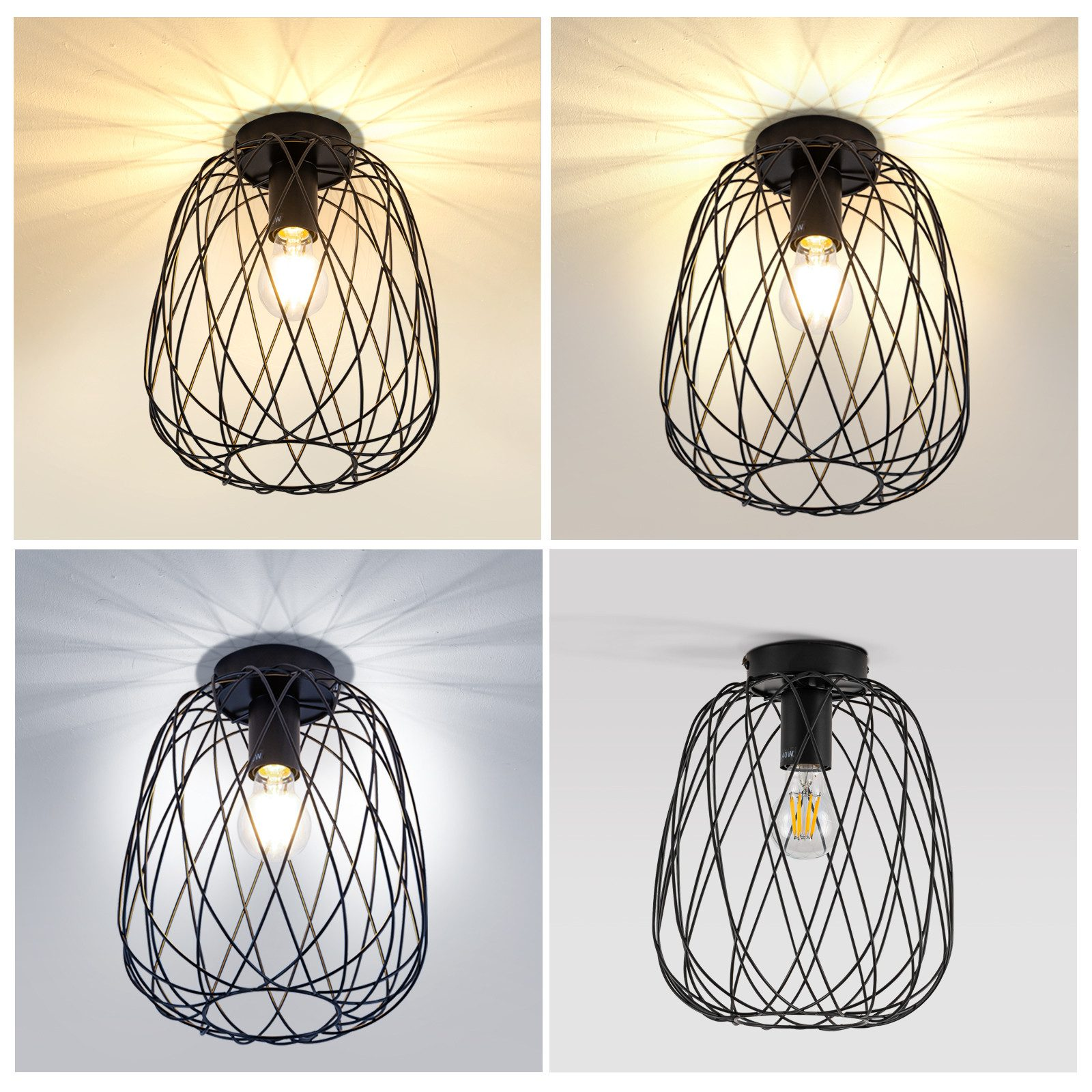 Quattro immagini di una plafoniera nera a forma di gabbia con una lampadina. Colori di luce variabili.