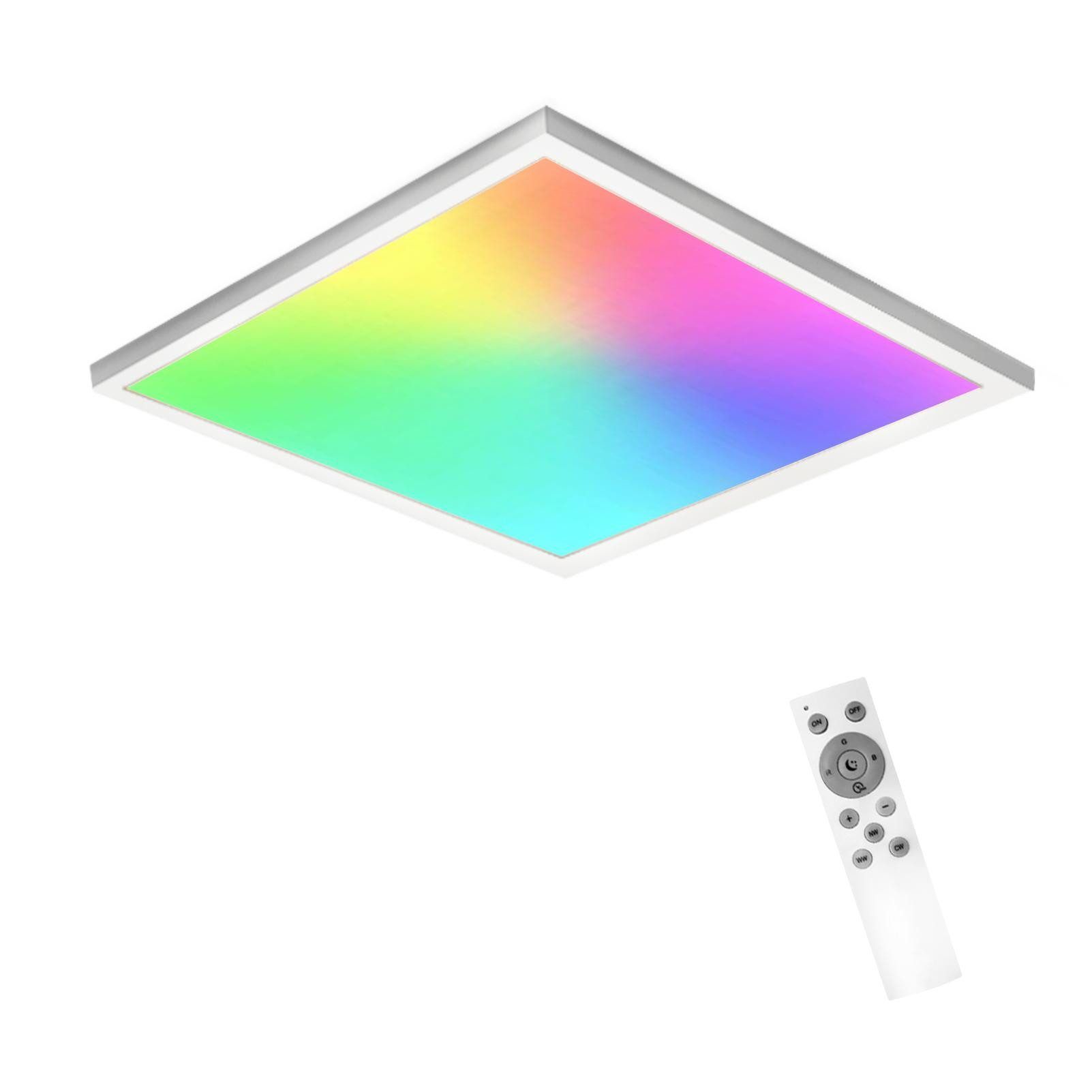 Kwadratowa lampa sufitowa LED z kolorowym światłem, białą ramą i pilotem.
