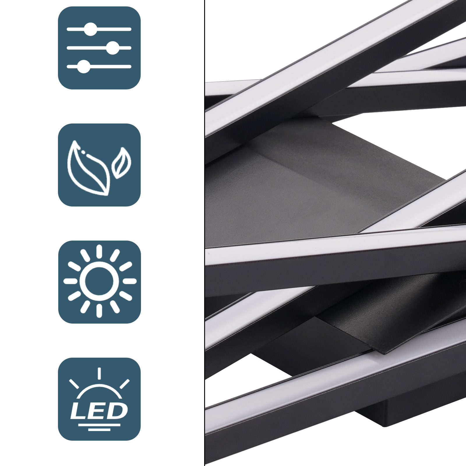 Luminaria LED en blanco y negro con iconos de control.