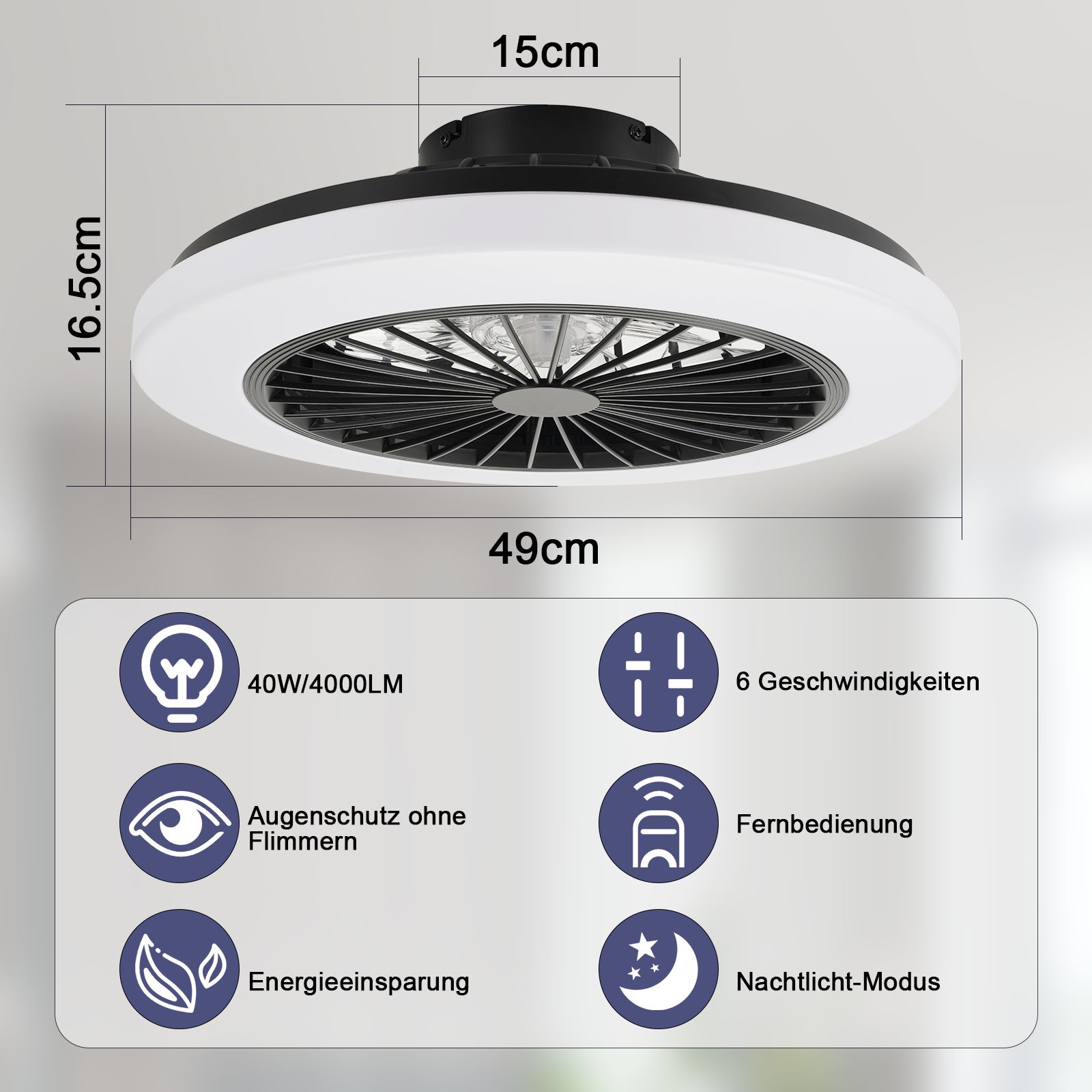 Wentylator sufitowy z oświetleniem, czarne łopatki, biały pierścień, wymiary na białym tle.