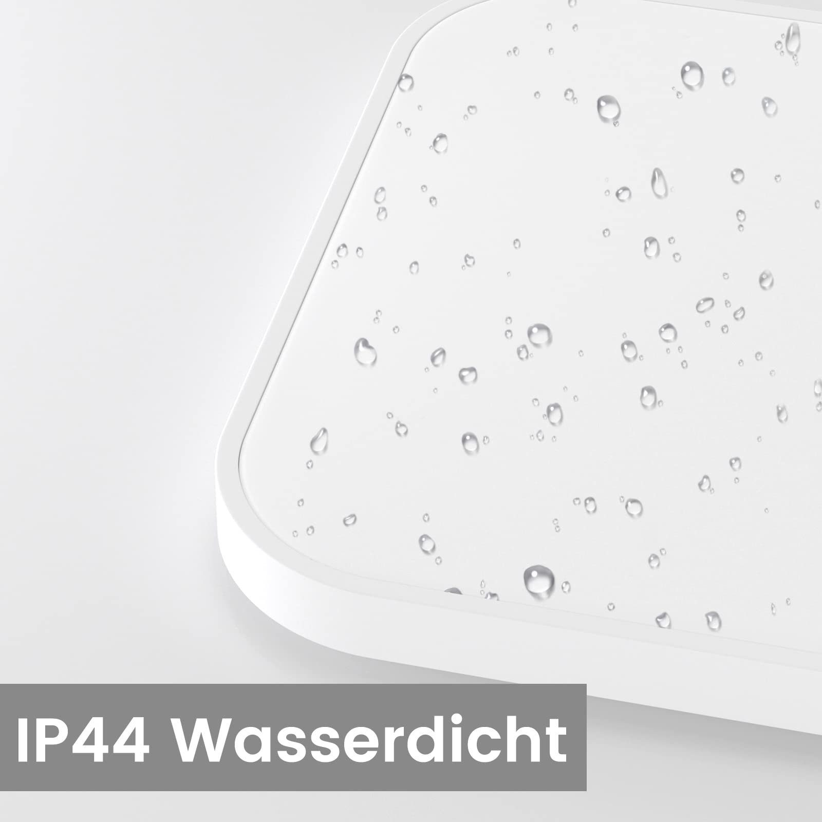 Weiße Oberfläche mit Wassertropfen. Text lautet 'IP44 Wasserdicht', was wasserdicht bedeutet.