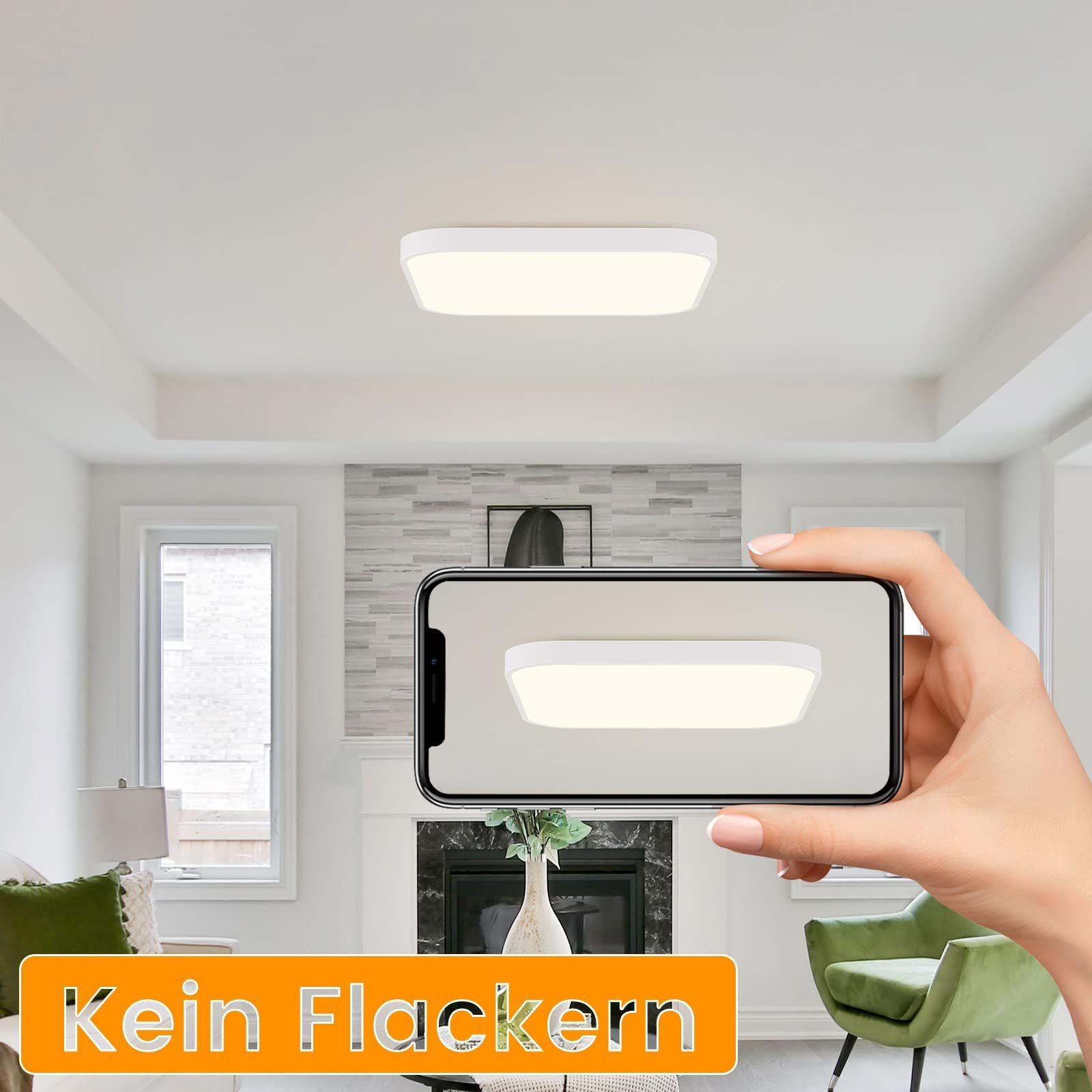 Eine Hand, die ein Telefon hält, das eine Deckenleuchte anzeigt, über einem Raum mit einer Leuchte.
