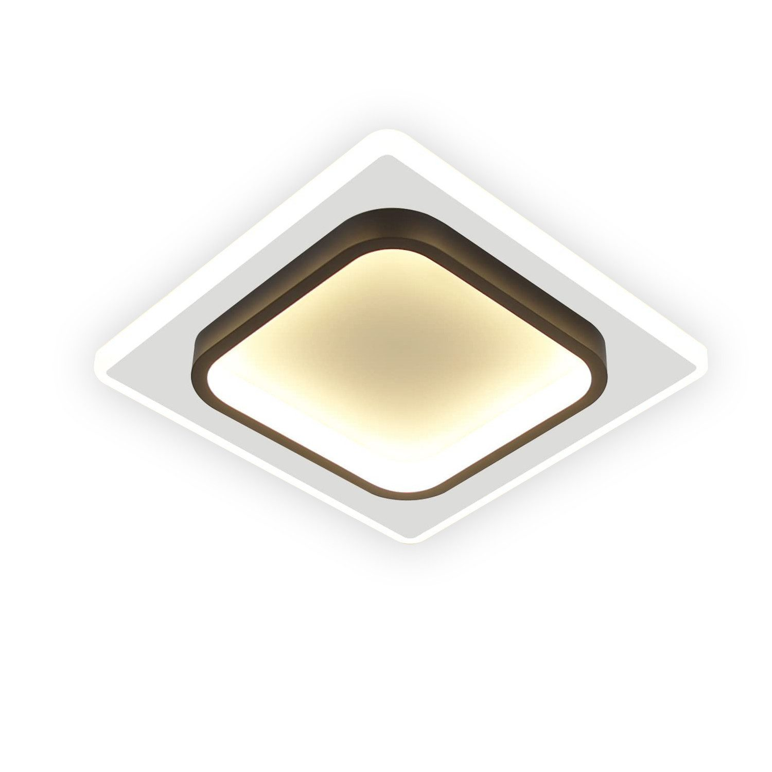 Kwadratowa lampa sufitowa z ciemnym środkiem i białym obramowaniem, na białym suficie.