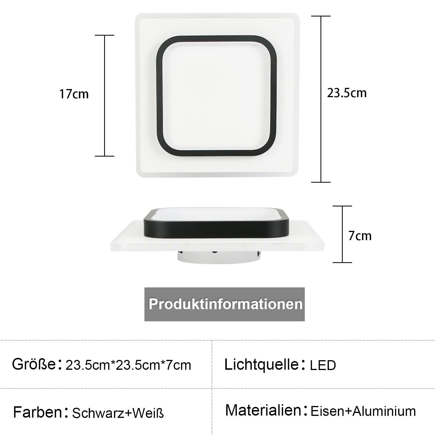 Biała i czarna kwadratowa lampa sufitowa z wymiarami i informacjami o produkcie.