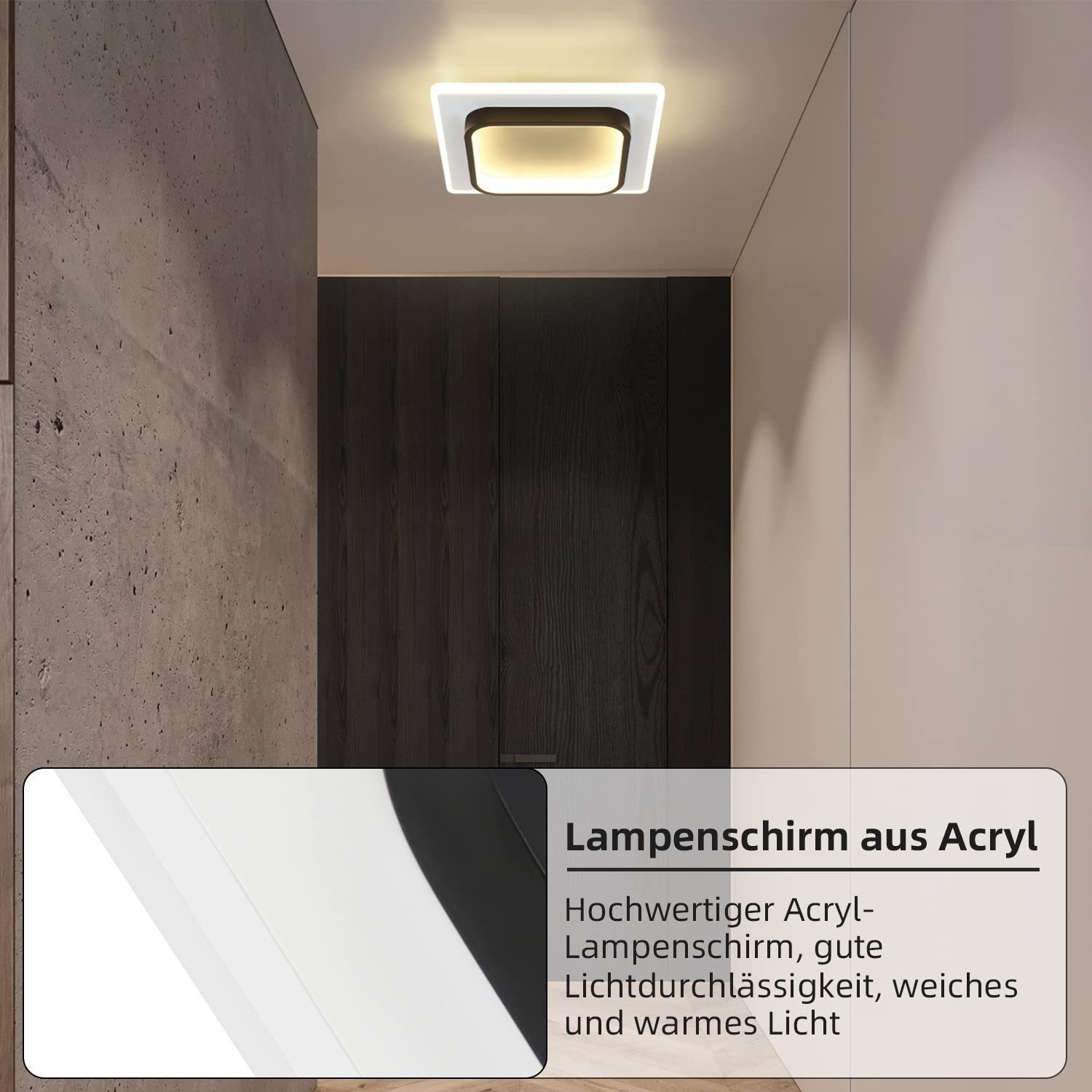 Lampa sufitowa z czarną kwadratową ramą i centralnym białym kwadratem. Zamontowana na białym suficie.