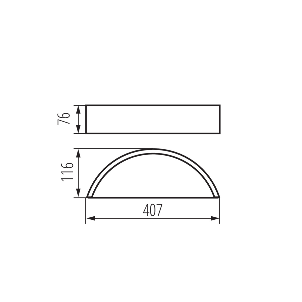 Diagramm mit einem gebogenen rechteckigen Objekt mit den Maßen 407, 116 und 76.