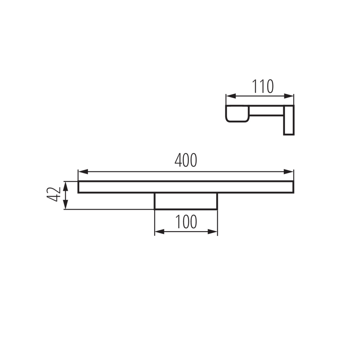 Diagrama mostrando dimensiones: 110mm, 400mm, 42mm. Forma rectangular y forma L pequeña.