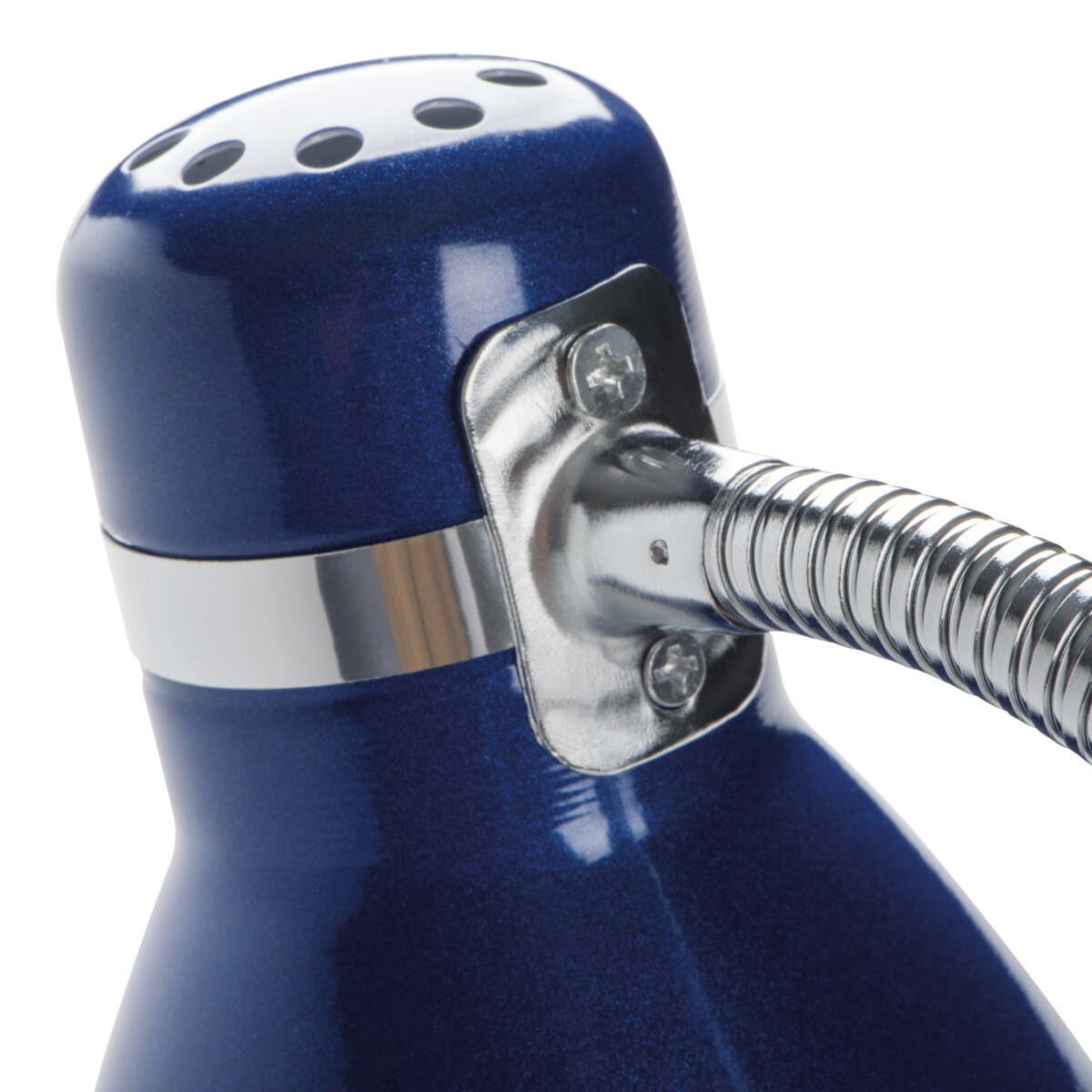 Primer plano de una lámpara azul con cuello de metal flexible.