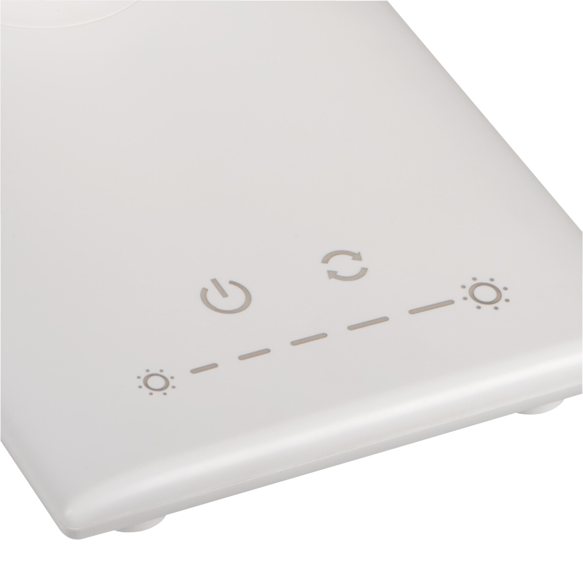 Primer plano del panel de control de una lámpara blanca con iconos de encendido y ajuste de luz.
