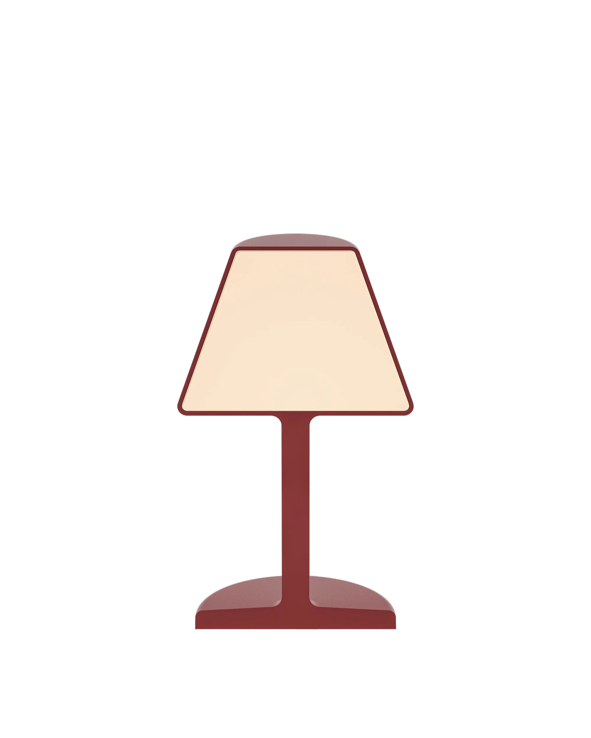 Una lampada da tavolo bordeaux con un paralume bianco. È su uno sfondo bianco.