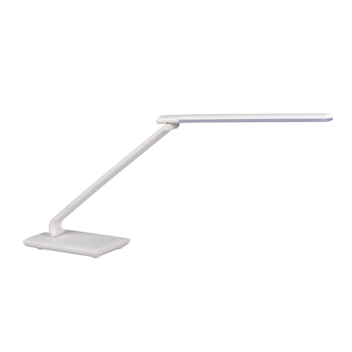 Una lámpara de escritorio blanca con base rectangular y panel de luz ajustable.
