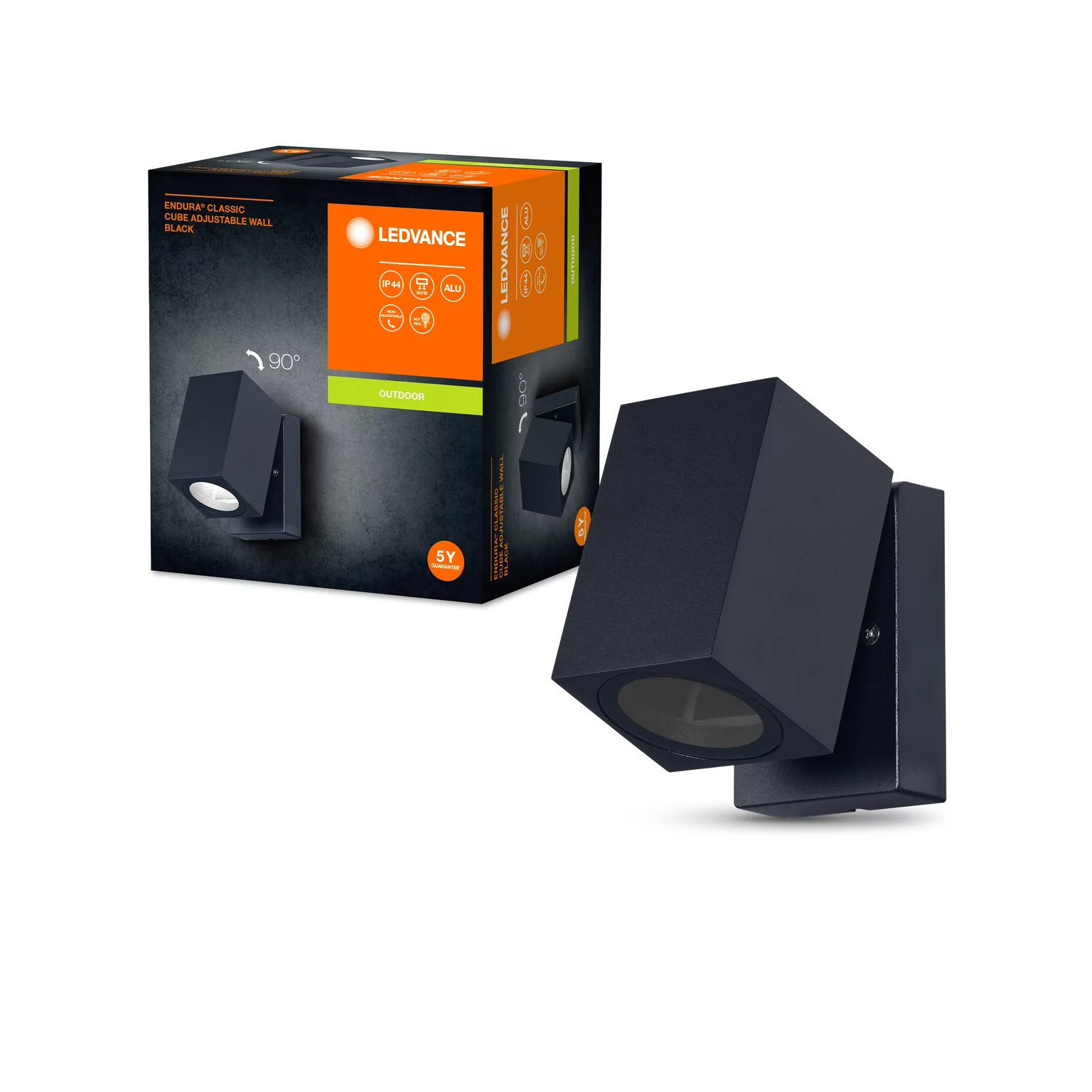 Schwarze Außenwandleuchte mit einer Box. Die Lampe ist würfelförmig und schwarz.