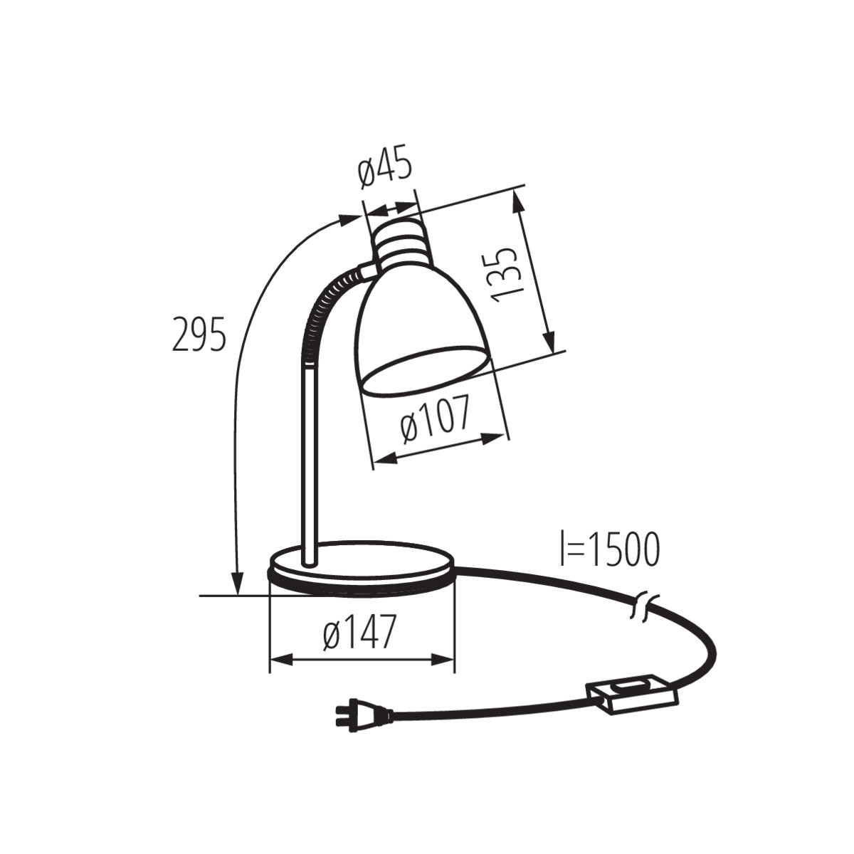 Dibujo técnico de una lámpara de escritorio que muestra dimensiones: 295 mm de altura, 107 mm de diámetro de pantalla, 147 mm de base.