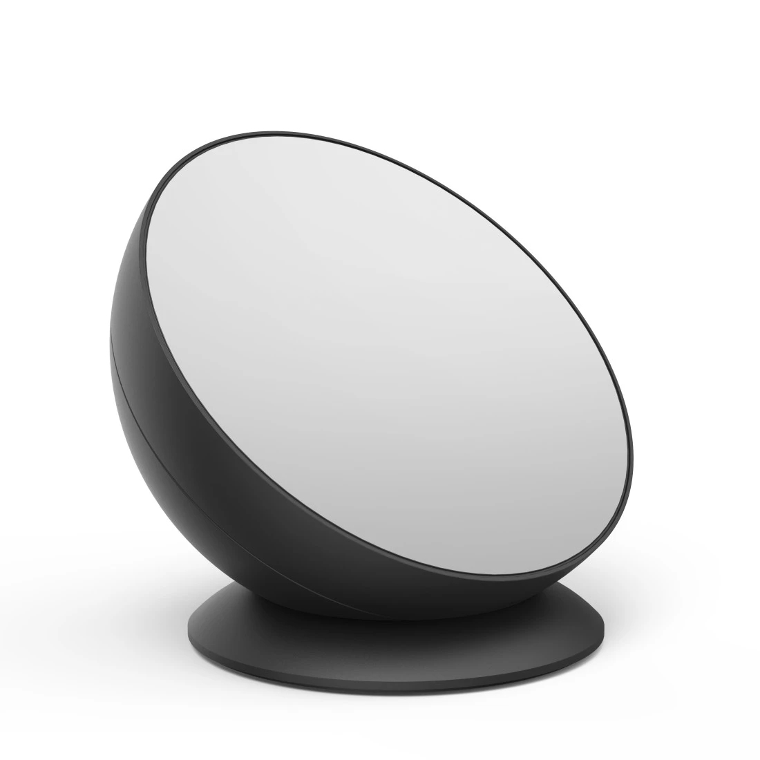 Czarny, zaokrąglony lustro na czarnym stojaku. Lustro jest pochylone i odbija światło.