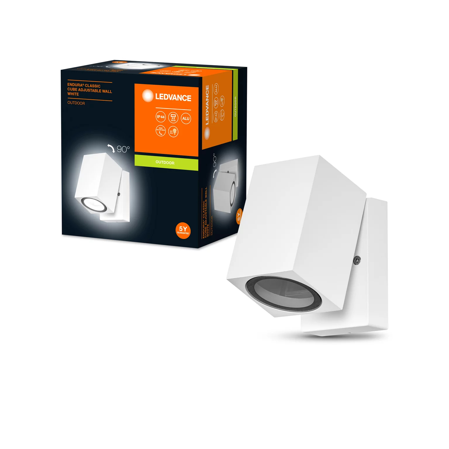 Weiße LEDVANCE Außenwandleuchte mit einer Box. Die Box hat Bilder und Textdetails.