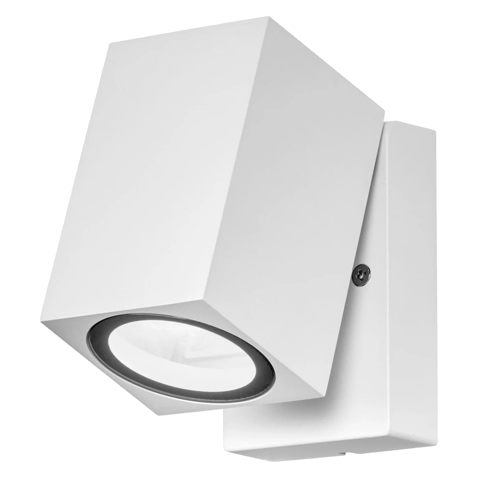 Eine weiße, angewinkelte, wandmontierte Leuchte mit einem schwarzen Ring um die Lichtquelle.