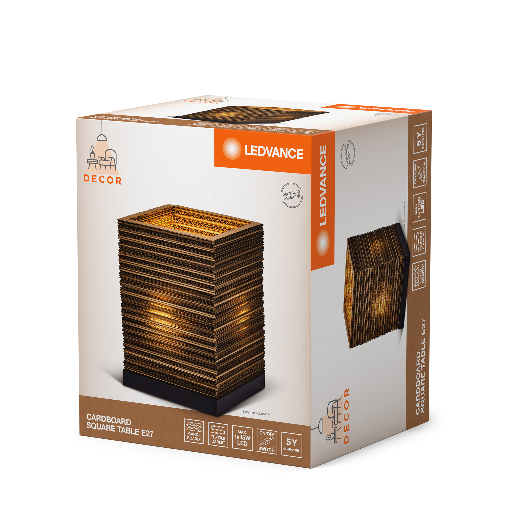 Eine quadratische Tischlampe aus Pappe in einer Schachtel, mit geschichtetem Design und Licht von innen.
