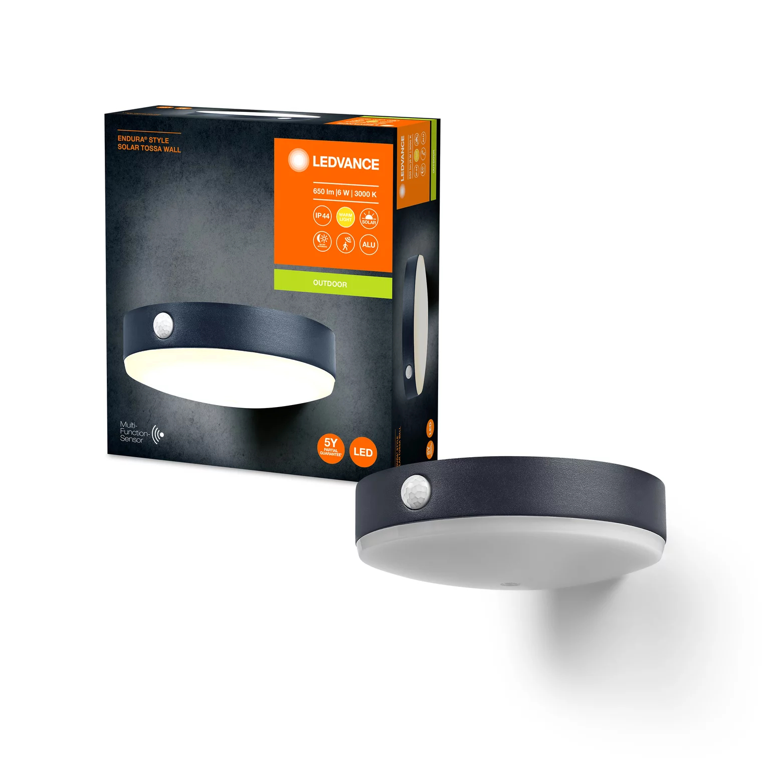 Gelbe Lampe mit schwarzem Zylinder und 12 inneren Lichtern. Die Basis ist silber.