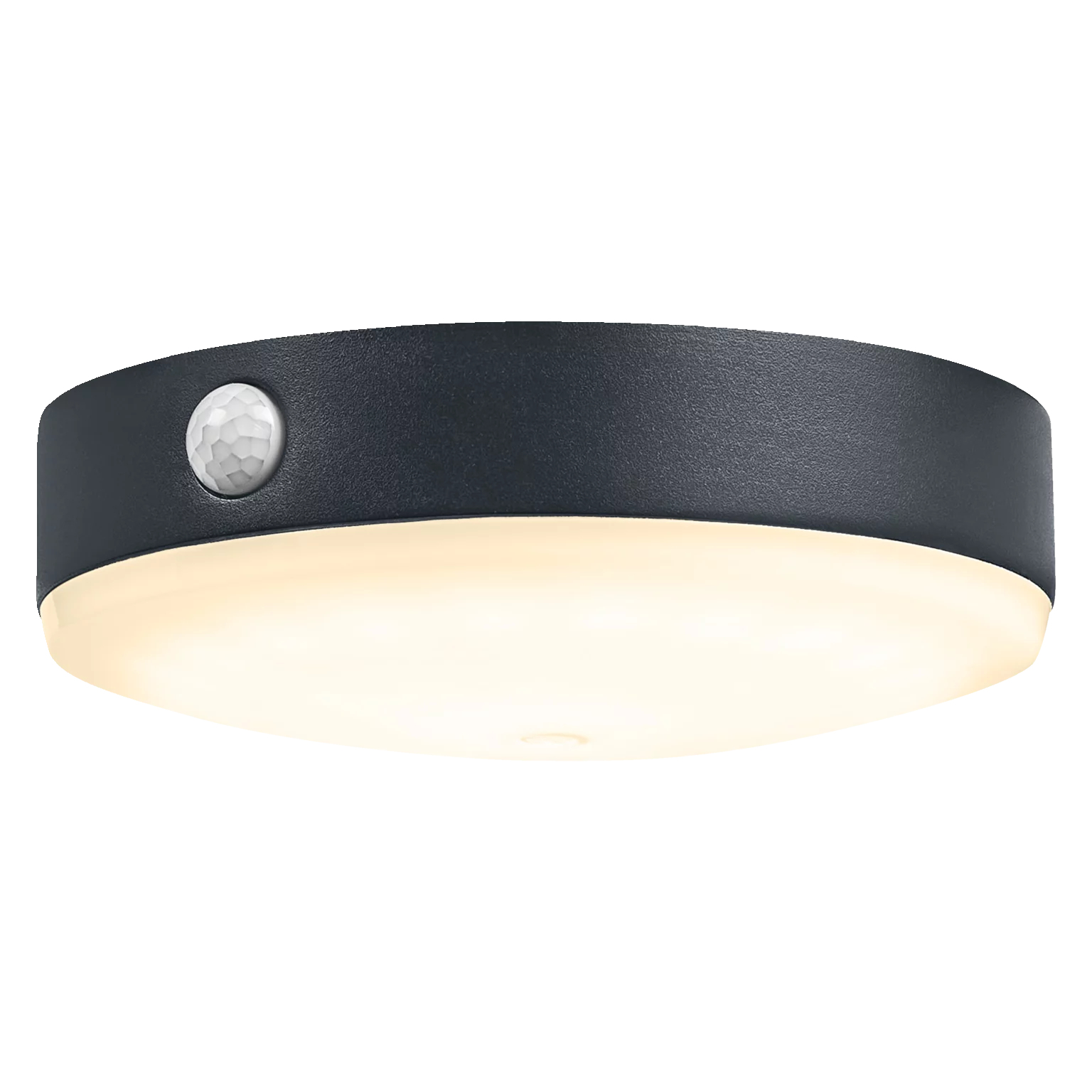 Eine weiße Deckenlampe mit schwarzem Rand und Bewegungsmelder.