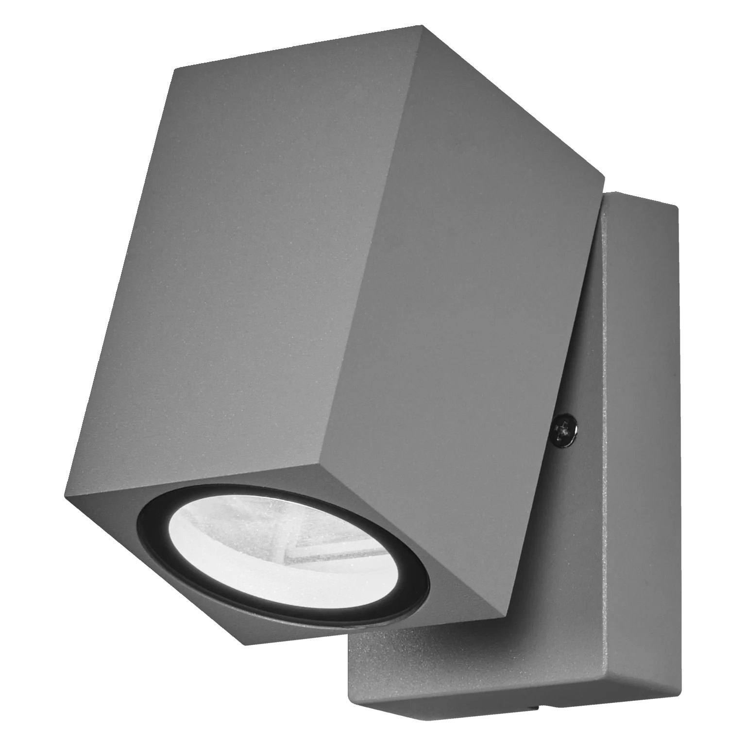 Graue, würfelförmige Außenlampe an einer Wand. Sie hat einen schwarzen Rand um den Lichtauslass.
