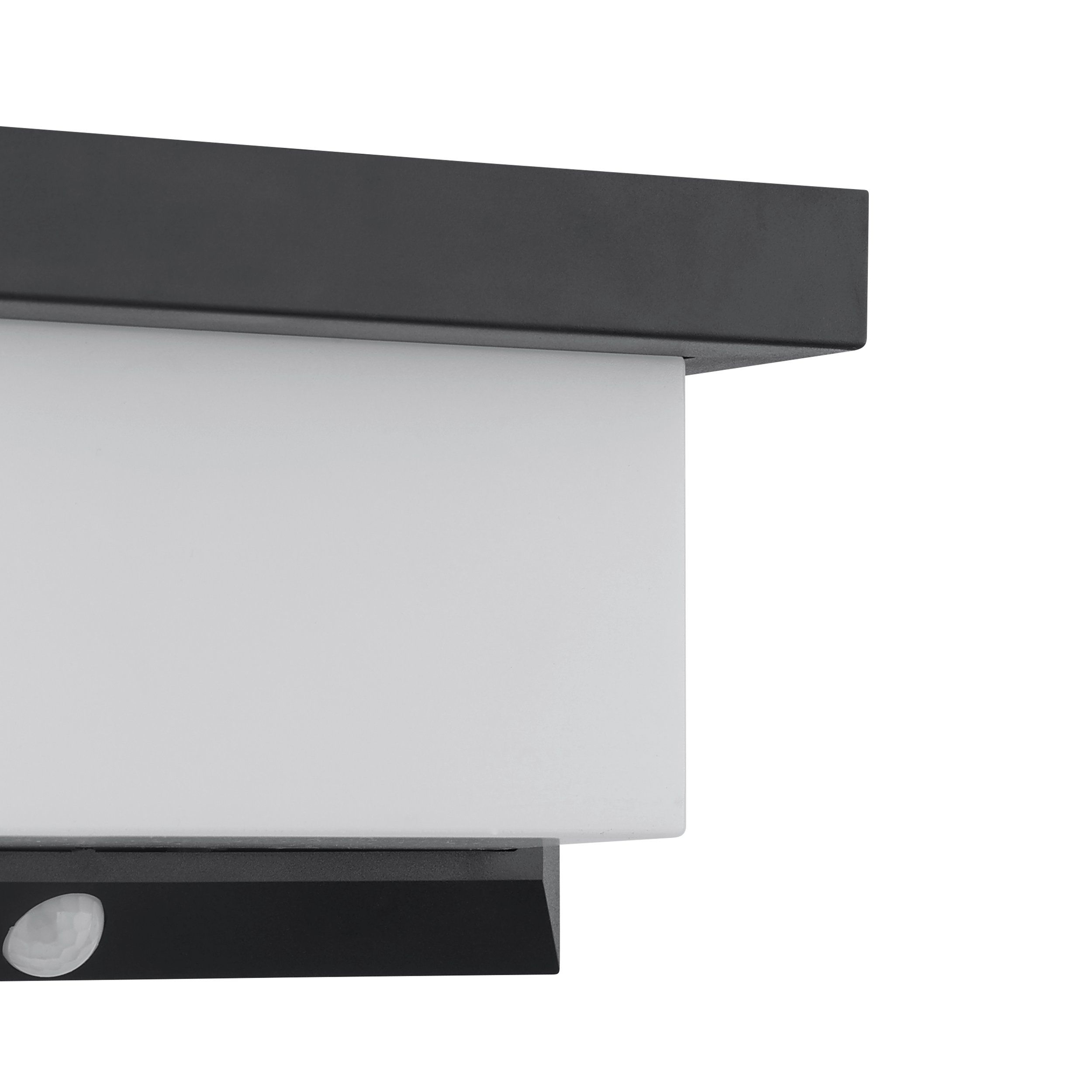 Primer plano de lámpara de pared exterior negra con frente blanco. Tiene un sensor en la parte inferior.