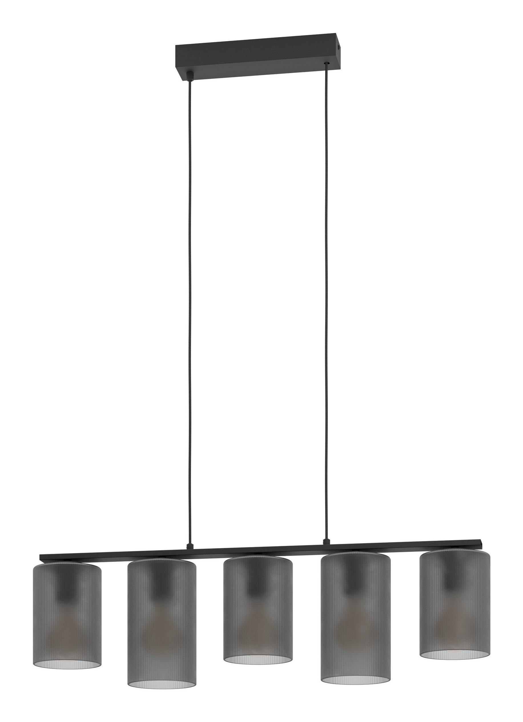Lampada a sospensione nera con cinque paralumi. I paralumi sono cilindrici e grigi.