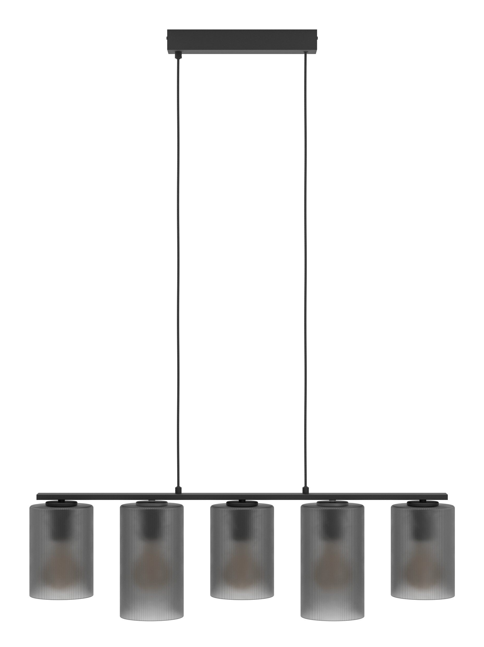 Un lampadario lineare nero ha cinque paralumi cilindrici in vetro fumé appesi sotto una barra nera.