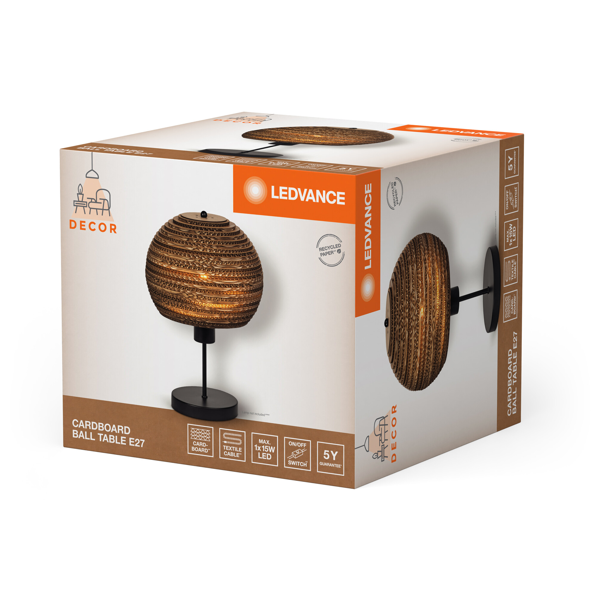 Eine Kartonlampe wird in einer Box gezeigt. Die Lampe ist eine Kugel, und die Box zeigt ihre Funktionen und Marke.
