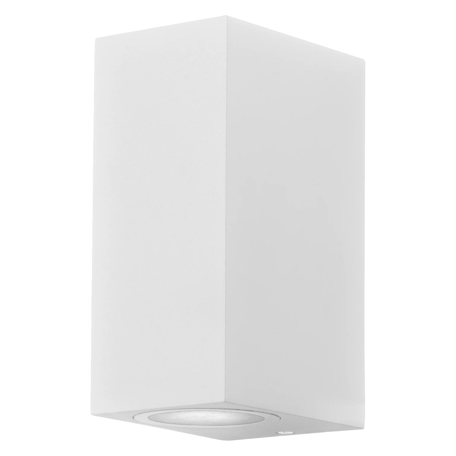 Eine weiße, rechteckige LED-Leuchte mit einem kreisförmigen Licht am Boden.