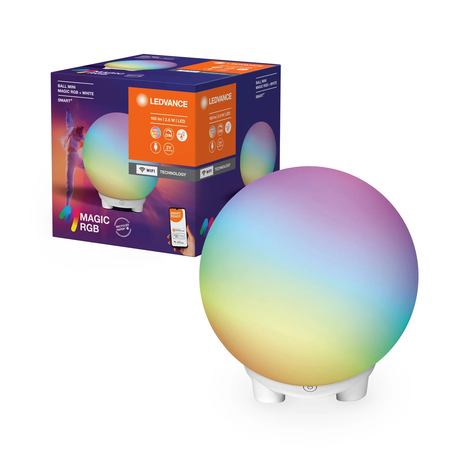 Kugellampe mit Regenbogenfarben, auf weißem Sockel. Eine Box zeigt die Lampe und eine Person mit Kleid.