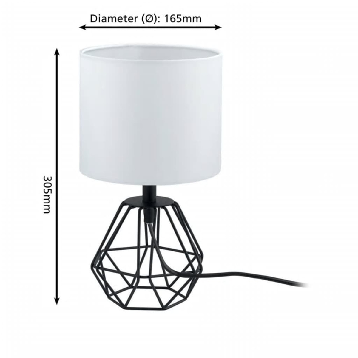 Lampada con paralume bianco e base geometrica nera, con cavo di alimentazione. Dimensioni.