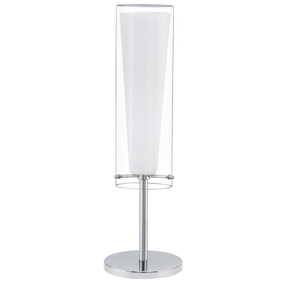 Una moderna lampada da tavolo con base cromata, un tubo di vetro e una sorgente luminosa bianca a forma di cono all'interno.