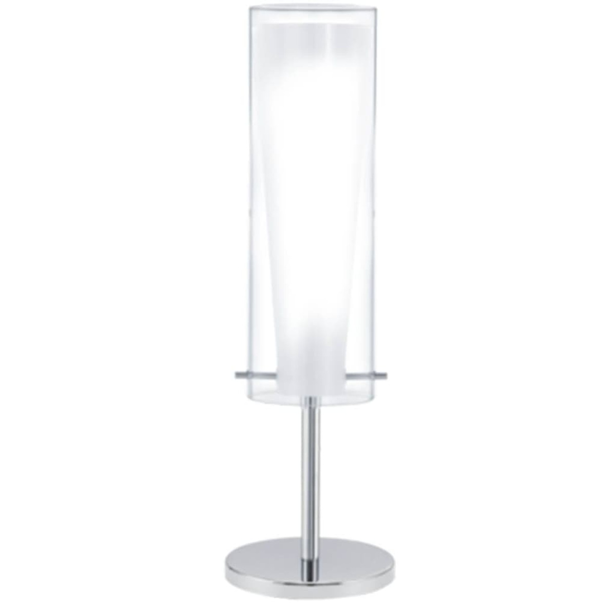 Lampada alta in vetro trasparente con paralume interno cilindrico bianco, su base cromata. Sfondo bianco.