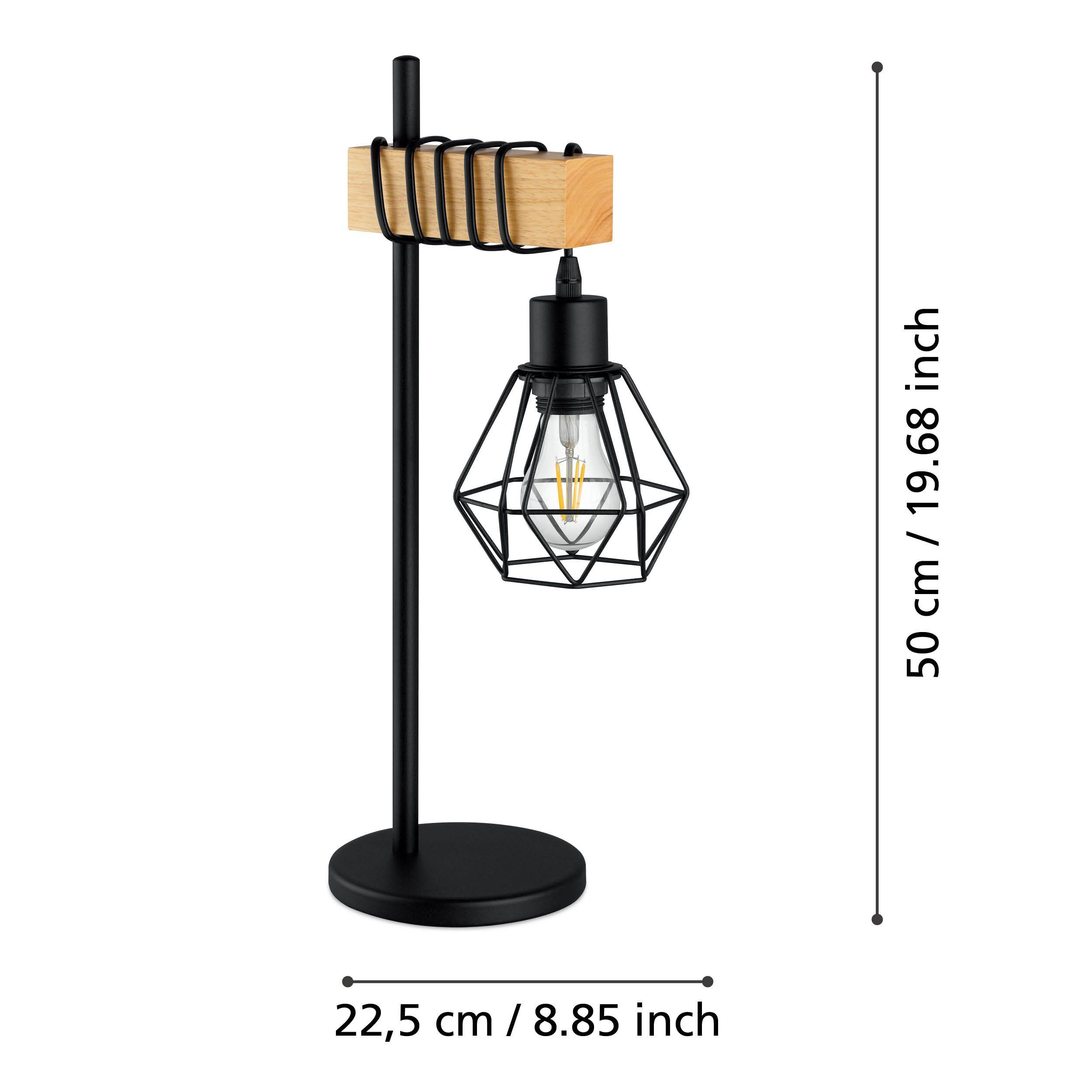 Una lampada nera e in legno con paralume a gabbia e lampadina visibile, con dettagli dimensionali.