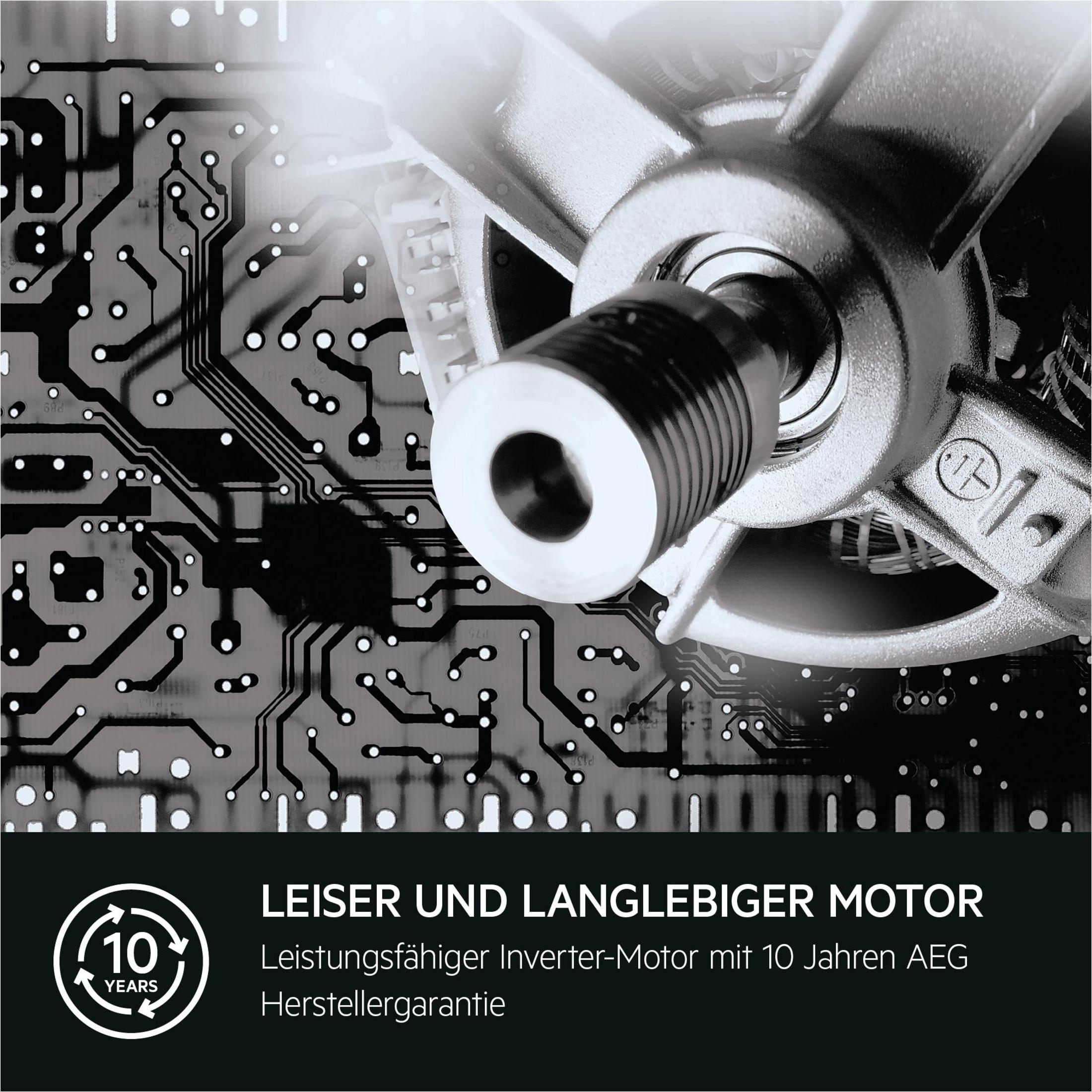 Gros plan des composants d'un moteur électrique. Texte : 'LEISER UND LANGLEBIGER MOTOR'.