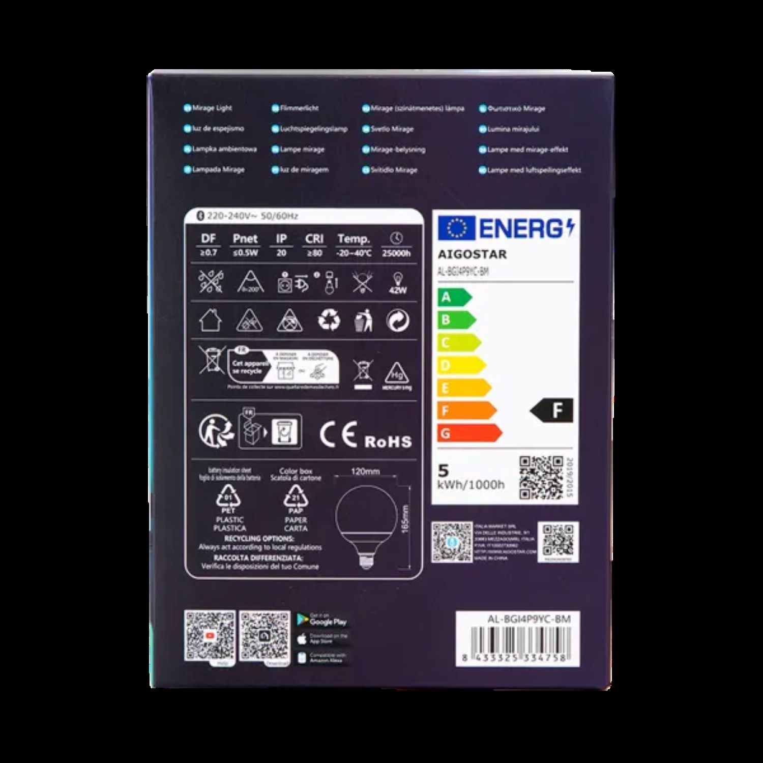Czarny karton z tekstem i symbolami. Etykieta efektywności energetycznej z oceną F.
