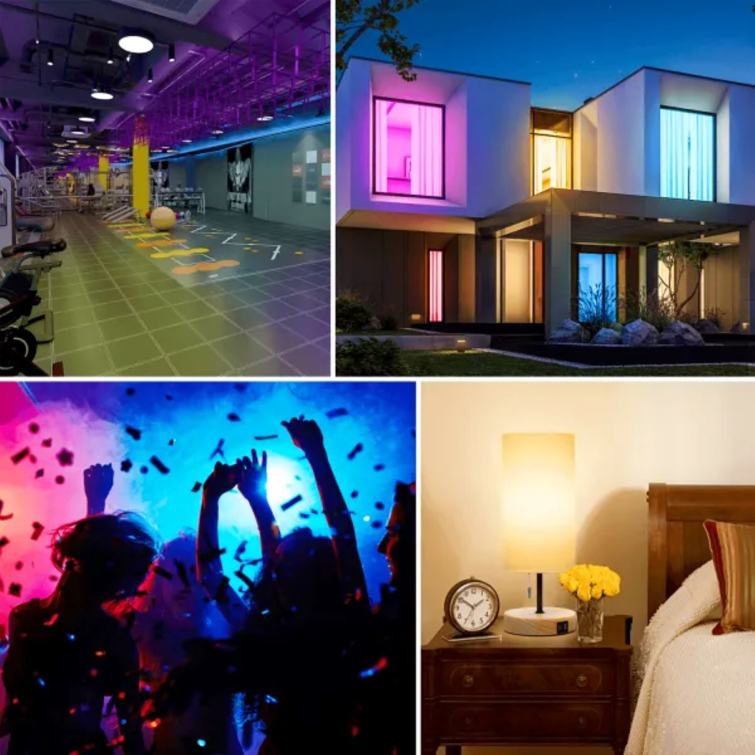 Kolaż czterech obrazów: siłownia, dom z kolorowymi światłami, scena imprezy i sypialnia z lampą.